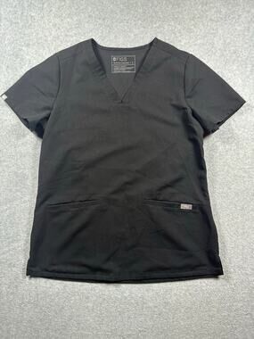 FIGS Technical Collection Medical Scrub Top Women's Small Black V-Neck 2-Pockets